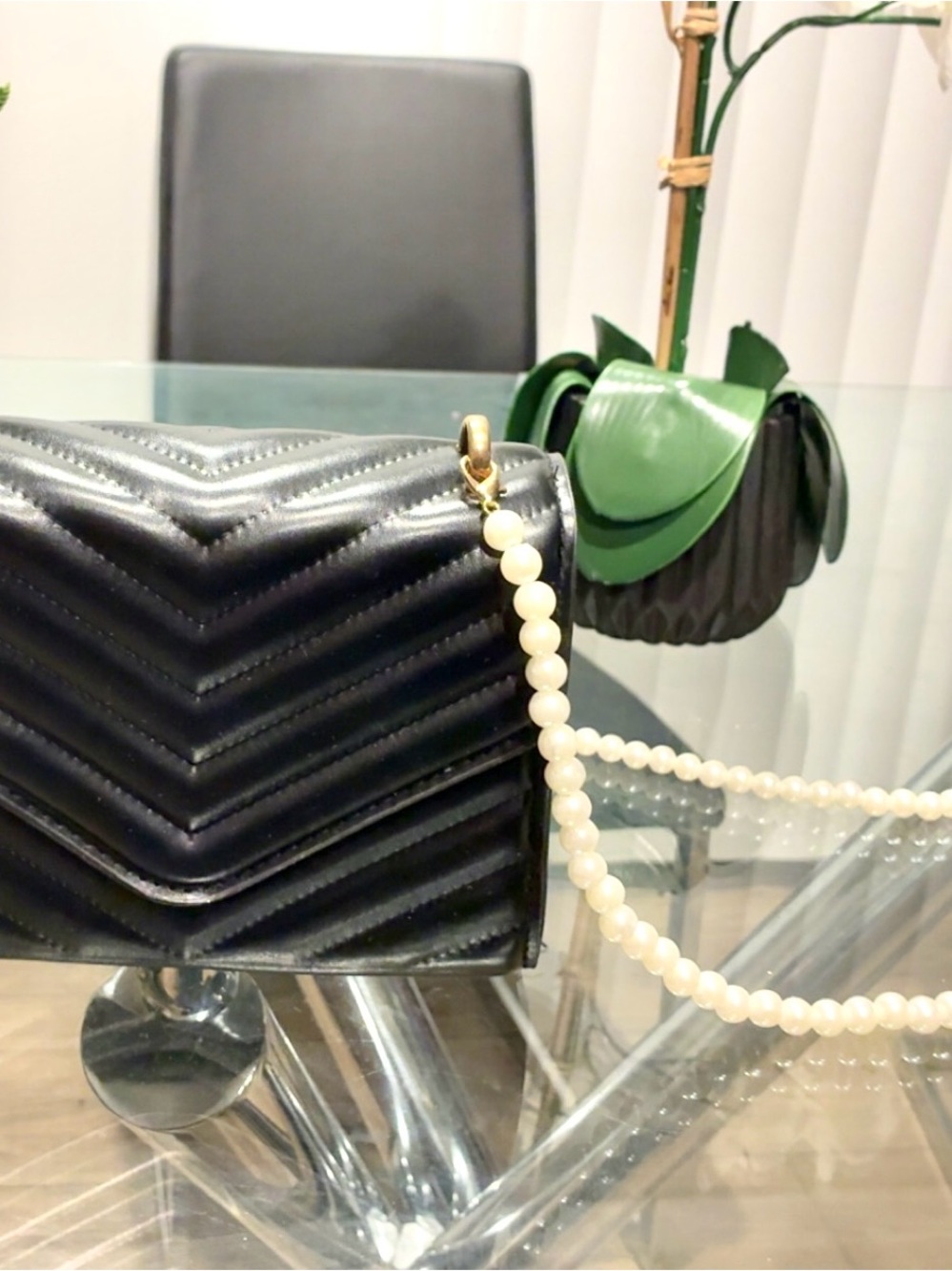 Black Quilted Crossbody with Pearl Strap and Gold Accent